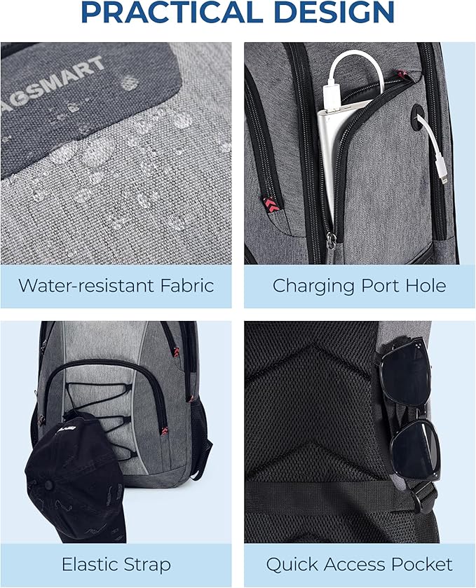 BAGSMART Unisex Laptop Backpack, 15.6-inch Anti-Theft, Water Resistant, Grey, With USB Charger Hole