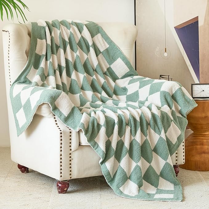 Checkered Blanket, Cozy Soft Throw Blankets for Couch Bed, Fluffy Plaid Lightweight Comfy Travel Picnic Blanket Gifts for Sofa Chair Living Room Camping (Sage Green, Throw 50"x60")