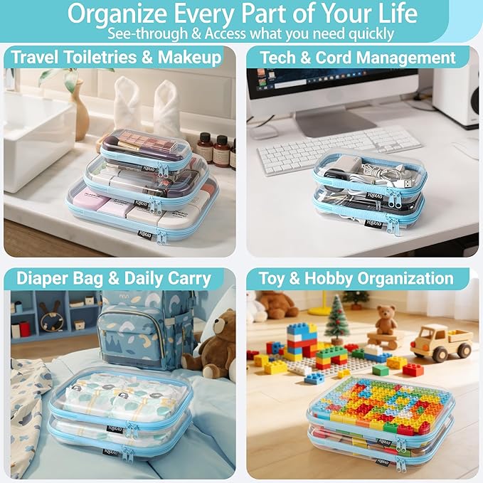 YQBRAO 3 Pack Hard Sided Clear Zipper Case for Storage- Thickened-Grade Clear Hard Shell Zipper Case for Organizing Bead, Handicrafts, Sewing, Playdo (Blue, LMS)