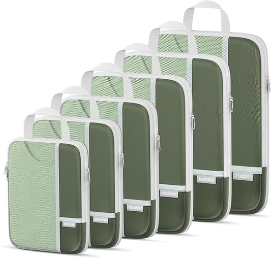 Percover Compression Packing Cubes 6-Piece Set, Packing Cubes Compression for Travel with Multi-Size Organization, Travel Organizer for Carry On & Checked Luggage, Green