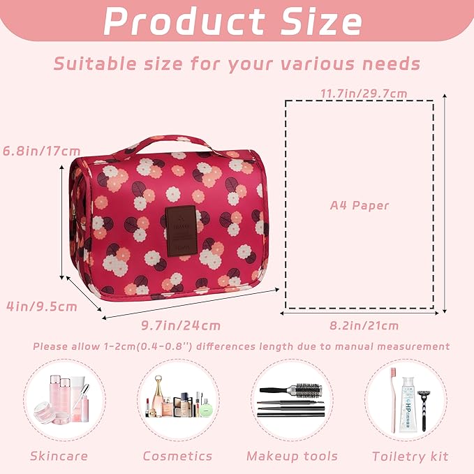 Toiletry Bag Travel Bag with Hanging Hook, Waterproof Capacity Hanging Multifunctional Makeup Bag for Toiletries, Portable Cosmetic Bag Travel Organizer for Women and Men(Wine Red FLower)