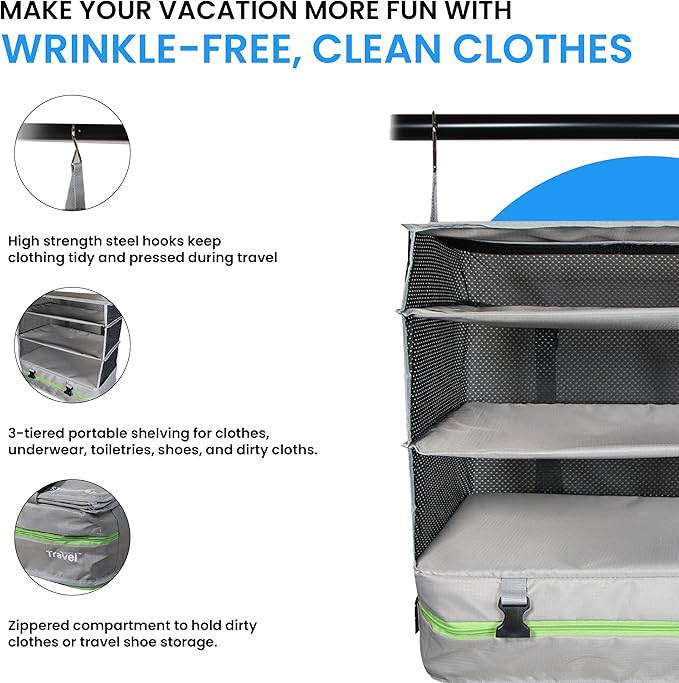 Grand Fusion Stow-N-Go Packing Organizer for Luggage, Portable Hanging Travel Shelves, Carry-On Closet, Hanging Packing Cubes, Collapsible Carry-On Organizer for Cruises & Hotels. Light Gray - XL