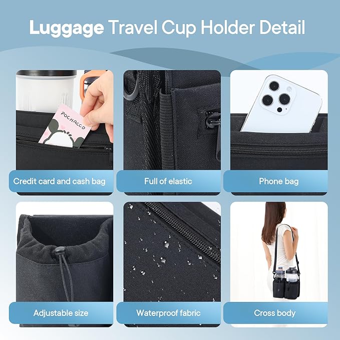 Extra Luggage Cup Holder Free Hand Drink Caddy for Suitcases to Travel and Business Trip,Travel Must Haves Men Women,Holds Two Coffee Cups,Passport,Flight Attendant Essential Organizer-Black