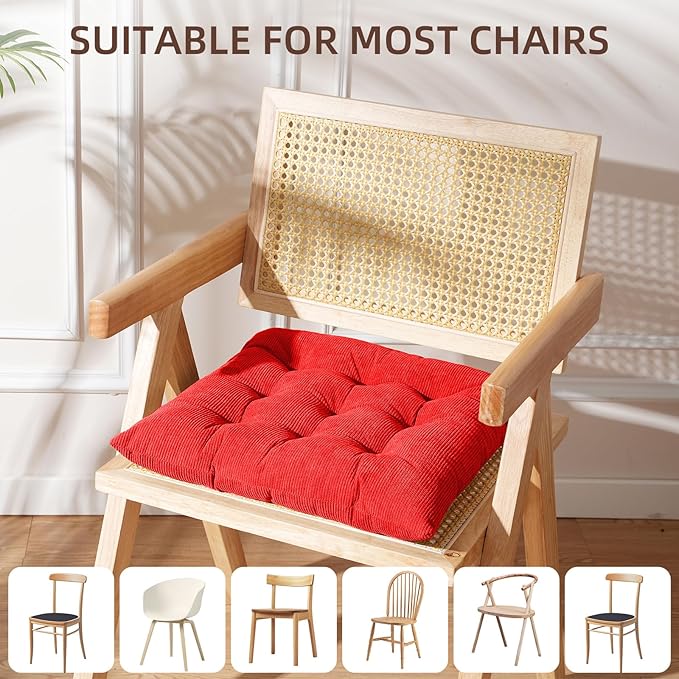 HLOVME Corduroy Chair Cushion with Ties Ultra Soft Warm Floor Cushion for Kids Reading Nook Comfortable Square Seat Cushion for Adult 15.7”x15.7”, Bright red