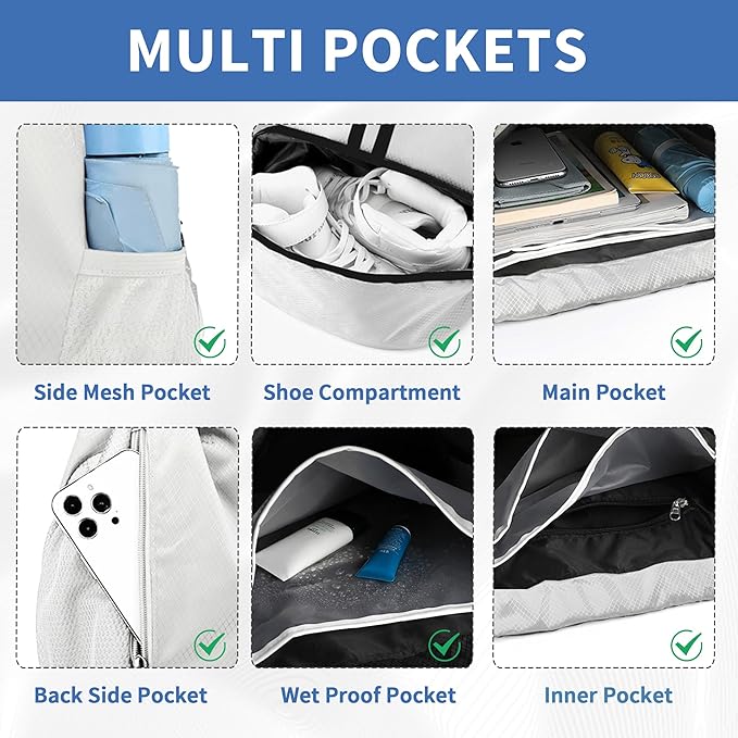 Drawstring Backpack Gym Bag with Shoes Compartment for Soccer, Basketball, Swim, Water-Resistant String Backpack Beach Cinch for Women Men, White