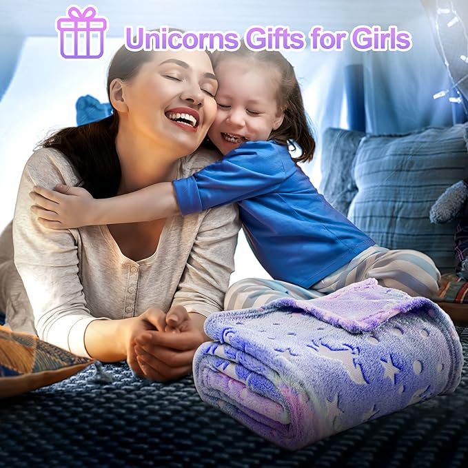 TEHALK Unicorn Glow in The Dark Blanket, Unicorn Blanket for Girls/Kids, Unicorns Gifts for Girls Age 3-12, Toddler Blanket for Kids, Soft Fleece Blanket Throw Birthday Gift 40"x60" (Pack of 2)