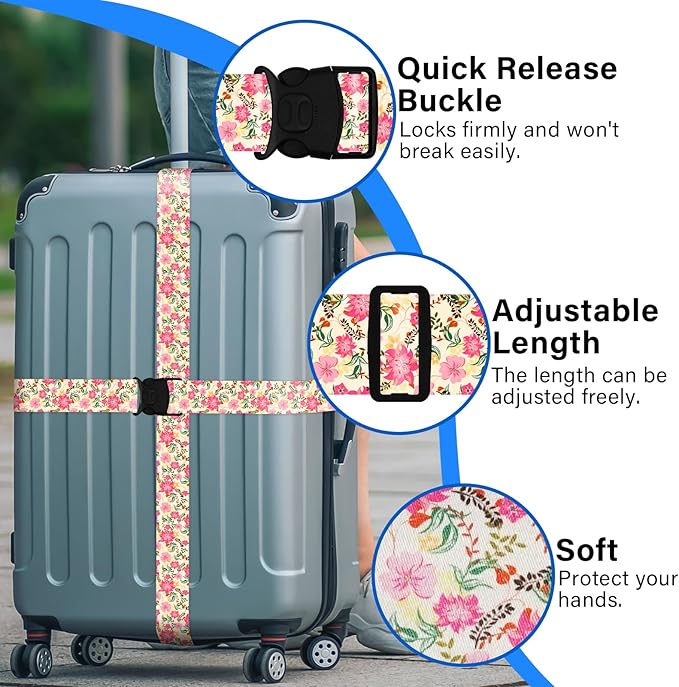 Luggage Straps for Suitcases, Travel Adjustable Belt with Quick Release Buckle, Heavy Duty Nylon Bag Packing Strap, Unique Bright Identifiers Business Travel Accessories (2 Pack) - Pink Flowers