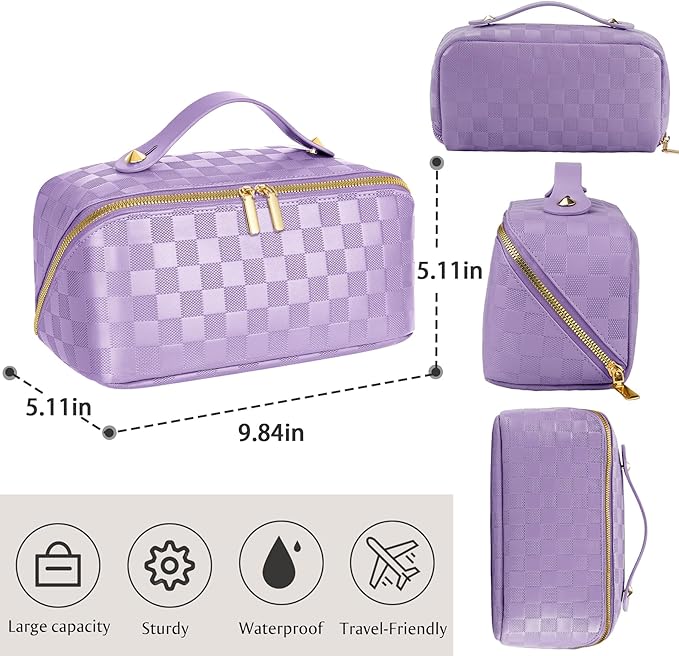 Large Capacity Travel Cosmetic Bag - Portable Makeup Bags for Women Waterproof PU Leather Checkered Makeup Organizer Bag with Dividers and Handle,Toiletry Bag for Cosmetics