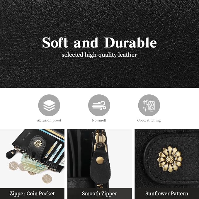 Wallet Women,RFID Blocking Leather Womens Wallet Bifold Compact Card Holder Small Wallet for Women with Removable ID Window Black