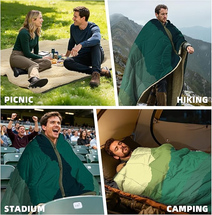 Outdoor Camping Blanket - Puffy Camping Blanket Packable,Sherpa Fleece Warm Blanket for Camping, Outdoors, Travel, Stadium, Festivals, Beach, Hammock 56"x 78" Machine Washable, DWR, Lightweight