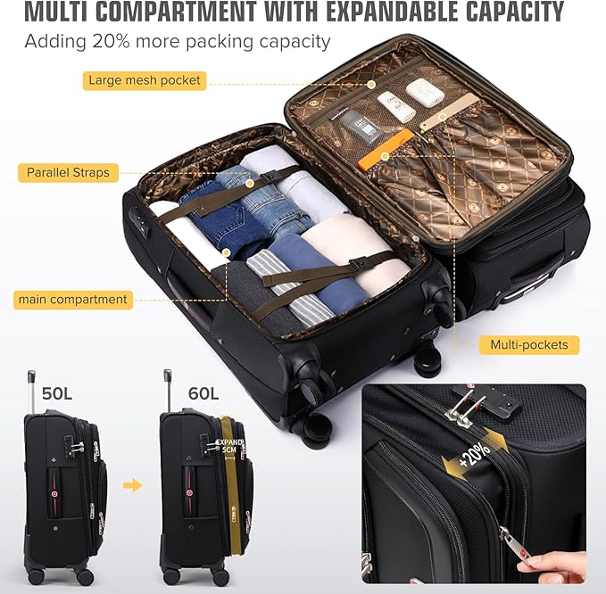 Softside Expandable Carry On Luggage Rolling Suitcase with Spinner Wheels (Black, 25-Inch)