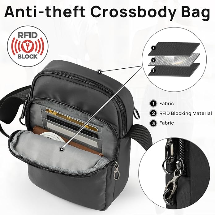 VADOO Sling Bag for Men Women, Anti Theft Crossbody Bag with Zipper Lock, RFID Blocking & Waterproof for Travel Casual