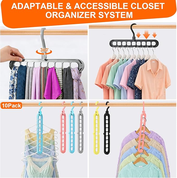 HEYHOUSE Closet Organizers and Storage,College Dorm Room Essentials,Pack of 10 Multifunctional Organizer Magic Space Saving Hangers with 9 Holes Storage Organization for Wardrobe Closet