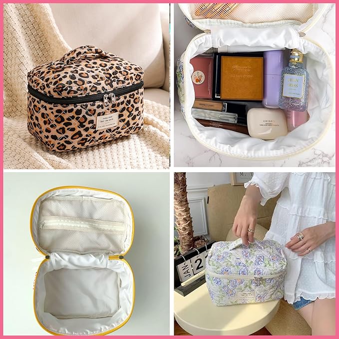 uekeboag Large Travel Quilted Makeup Bag for Women, Floral Cotton Cosmetic Bag, Coquette Aesthetic Floral Toiletry Organizer Bag