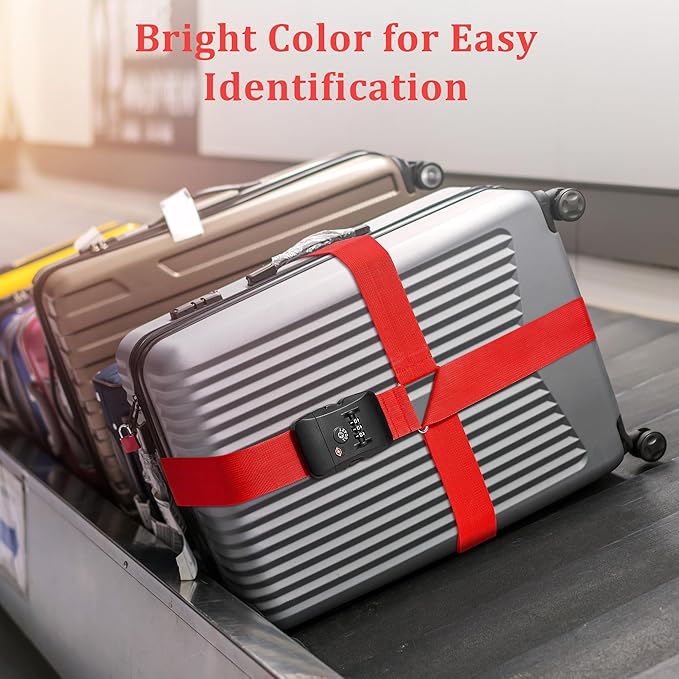 Chelmon Luggage Straps TSA Approved for Suitcases with Luggage Lock, Heavy Duty Adjustable Buckle Belt Anti Burst, Bright Colors Easy to Identify