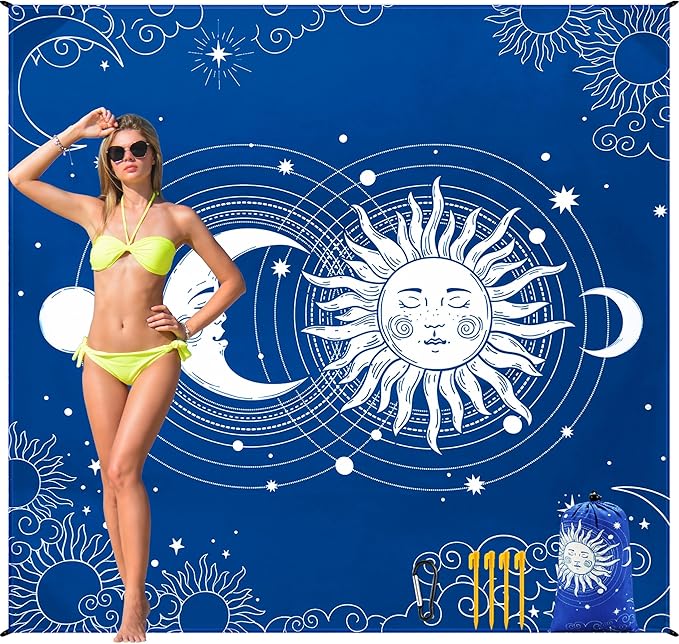 Beach Blanket Waterproof Sandproof Beach Mat for 1-8 Adults Quick Drying Durable Outdoor Picnic Mat for Beach Festival Travel Camping Hiking (BL-SUNMOON, 79"×83"(4 Person))