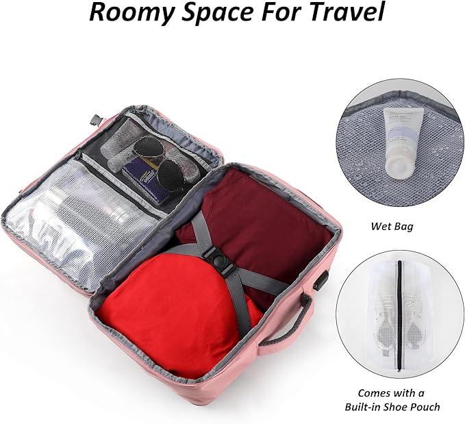 TANTOMI Small Travel Backpack for Women, 15.6 Inch Laptop Backpack Flight Approved, Carry-On Bags with USB Charging Port & Shoe Pouch, Casual Daypack on Airplane for Weekender Work Business, Pink