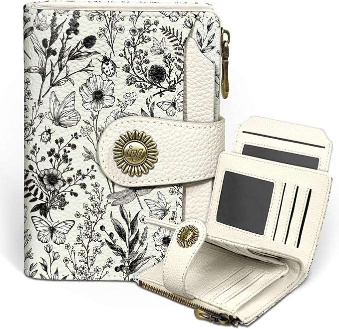 Icycay Flowers Floral Small Wallet Women RFID Blocking Bifold, Credit Card Holder, Zipper Coin Pocket, PU Leather, Compact, Travel, 4 ID Window, 14 Card Slots, Cash Purse, Ladies Woman Female Girls