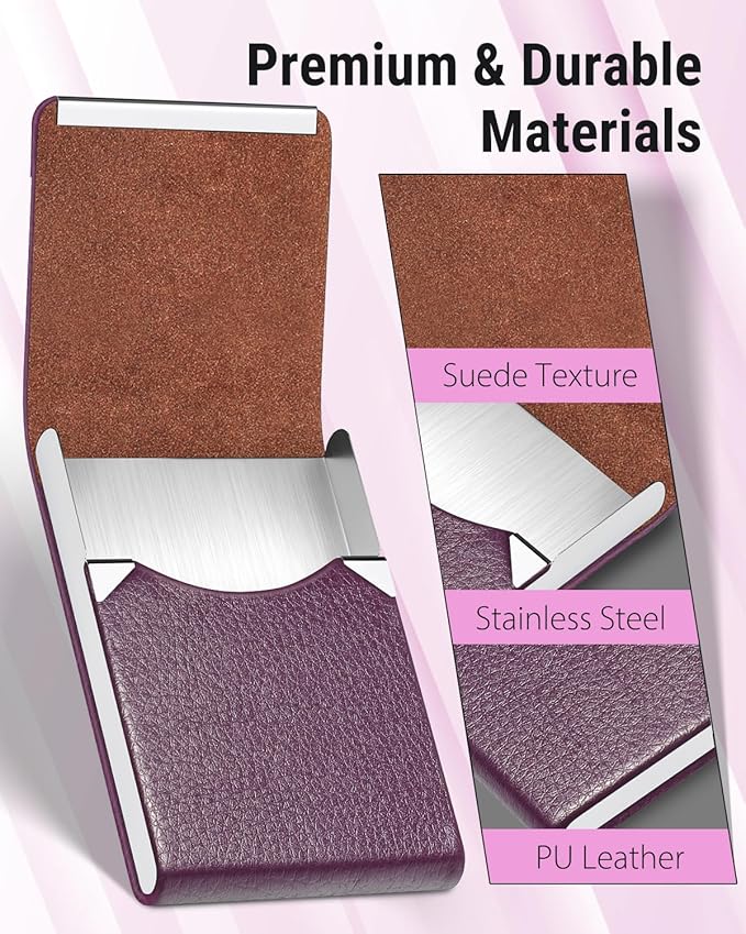 MaxGear Business Card Holder, Slim PU Leather & Stainless Steel Business Card Case for Men & Women, RFID Blocking Name Card Holder with Magnetic Closure, Purple