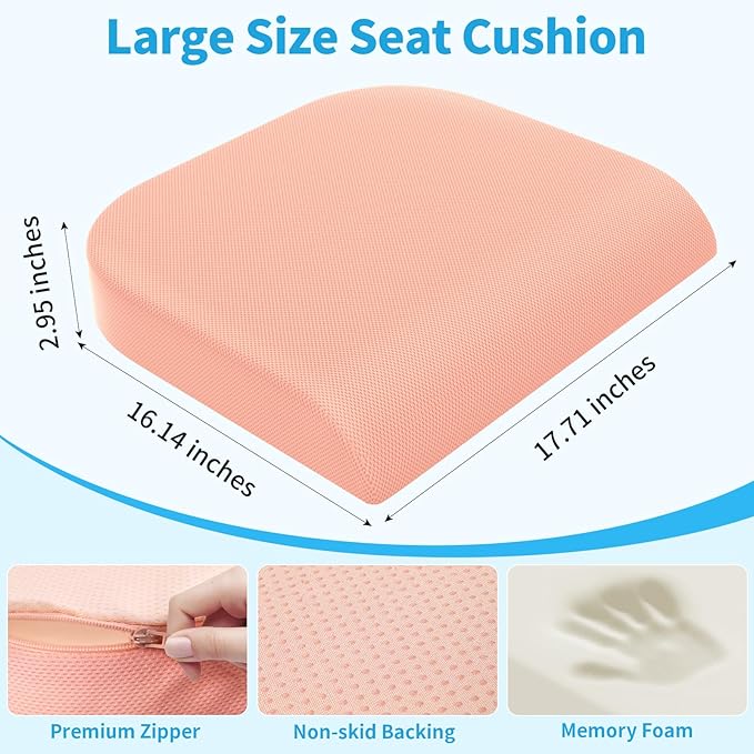 Large Seat Cushion, Memory Foam Cushion for Long Sitting Hours on Office Chair, Home & Car, Non-Slip Chair Pad for Relieving Back & Sciatica & Hip & Coccyx Pain (Pink)