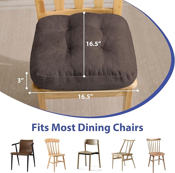 Chair Cushions for Dining Chairs, Dining Chair Cushions, Tufted Indoor Chair Pads with Ties & Non Slip Backing, Seat Cushions for Kitchen Chairs 16.5” x 16.5” x 3.5”, Set of 2, Brown