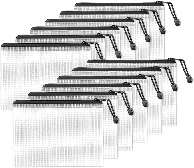 SUNEE Plastic Mesh Zipper Pouch 6.8x9.2 in (Black, 12 Packs),Extra Large Water-Resistant Zip Bag for School Office Supplies, Puzzles & Games Organizing Storage