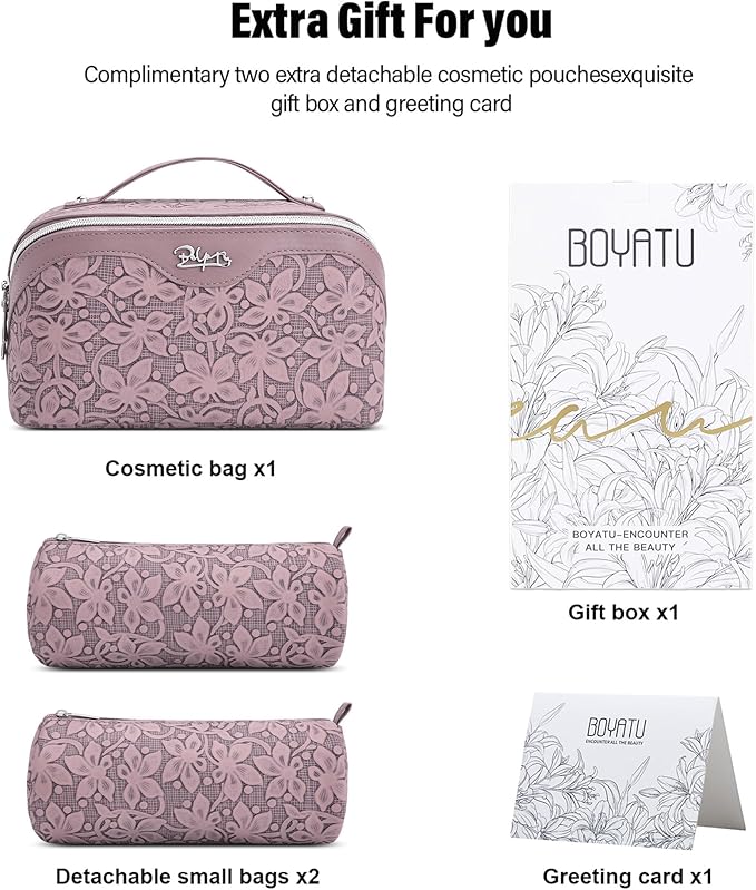 BOYATU Travel Makeup Bag Cosmetic Bags for Women: Large Capacity 3 Pcs Set Make up Bag with Compartments - Waterproof Vegan Leather Toiletry Organizer Bags with Handle (Z-64Purple)