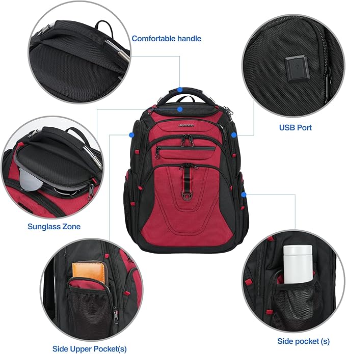 KROSER Friendly Travel Laptop Backpack 17.3 inch XXXL Gaming Backpack Water-Repellent College Daypack Business Backpack with RFID Pockets & USB Port for Men/Women-Black/Red
