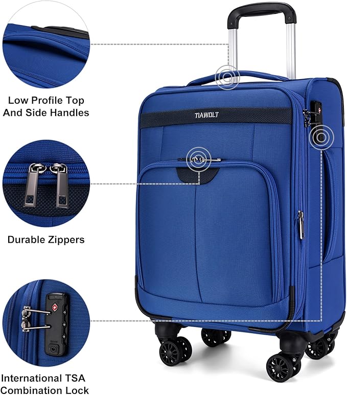 Carry On Luggage 22x14x9 Airline Approved with Wheels Softside Expandable Luggage Suitcase with TSA Lock-Blue