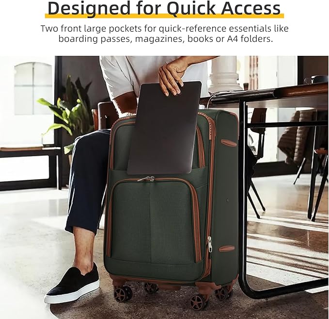 LARVENDER Luggage Sets 5 Piece Softside Expandable Suitcases Set with Spinner Wheels TSA Lock, Lightweight Soft Shell Rolling Travel Luggage Set Clearance for Men and Women, Green Brown