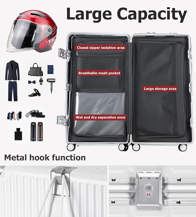 feilario 26in Super Large Captain Aluminum Frame Hardside Spinner Wheels Luggage, Zipperless Checked Suitcase with Cup Holder/Phone Holder (Ivory White,26in)