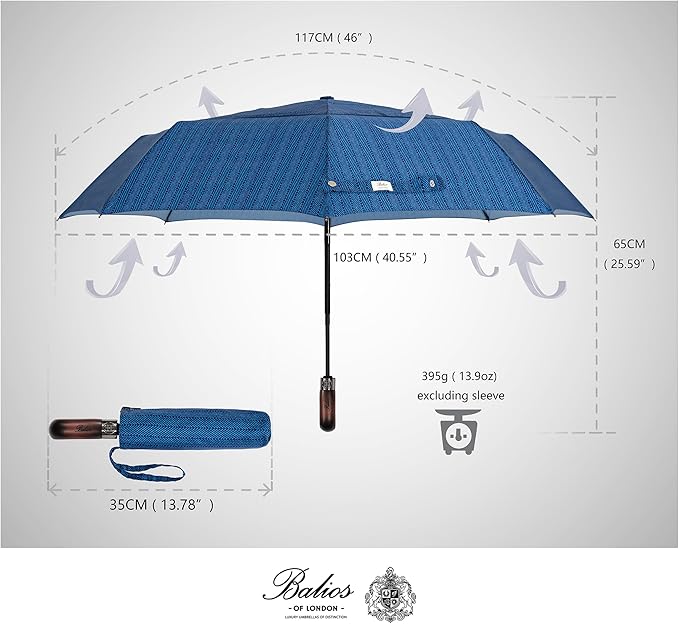 Balios Travel Folding Umbrella with Real Wood Handle Auto Open Close Vented Windproof Canopy - Designed in UK