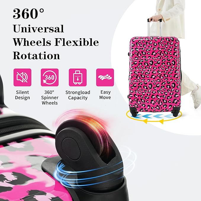 Merax Suitcase Set, Hardshell Luggage Sets 3 Piece with Spinner Wheels, Expandable Durable Suitcase with TSA Lock Lightweight 20" 24" 28", Hot Pink Leopard