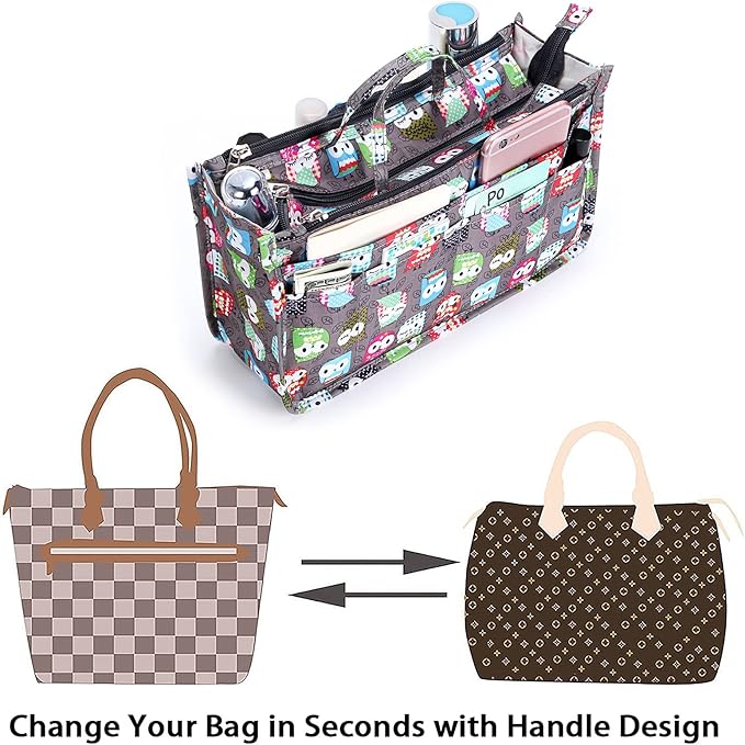 BTSKY Printing Handbag Organizers Inside Purse Insert - High Capacity 13 Pockets Bag Tote Organizer with Handle (Owl)