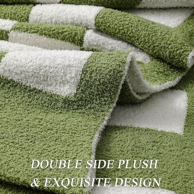 bearberry Fuzzy Checkerboard Grid Throw Blanket Knitted Soft Cozy Warm Microfiber Bed Blanket Decor for Couch Sofa Bed Travel Home (Avocado Green, 60''x80'')