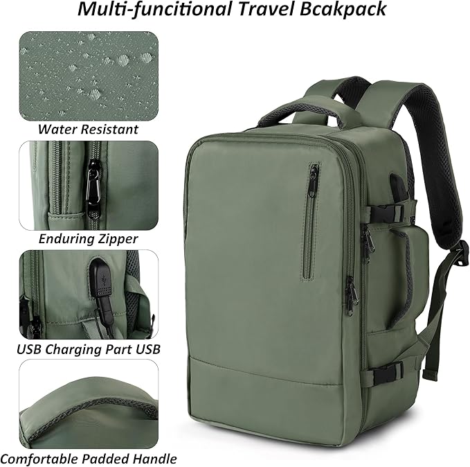 TANTOMI Travel Backpack for Women Men, 15.6 Inch Laptop Backpack Flight Approved, Small Carry-On Bags with USB Charging Port & Shoe Pouch, Casual Daypack on Airplane for Weekender Work Business, Green