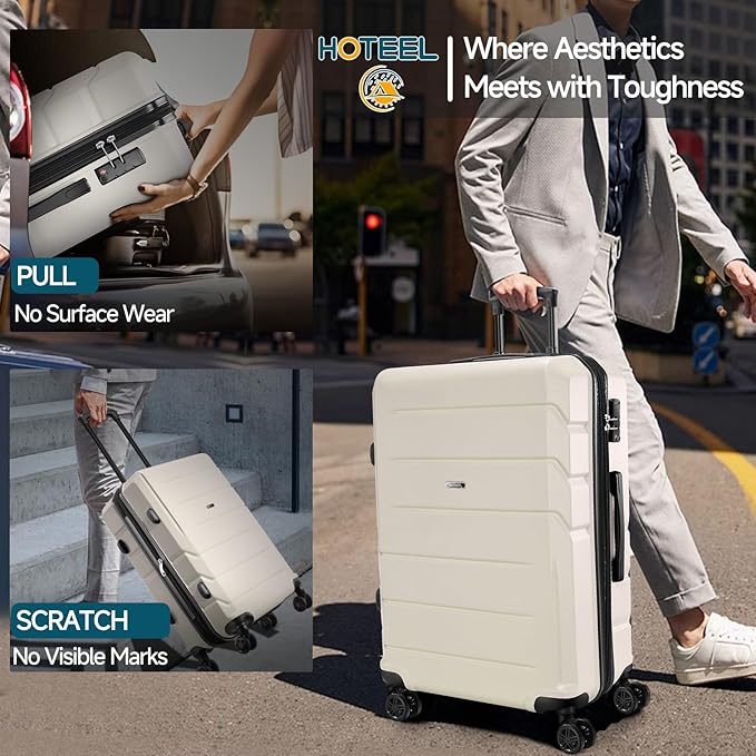 Hoteel Luggage Sets 3 Piece, 4-Yr Warranty, PC+ABS Hard Shell Expandable Suitcases with Wheels, TSA Aproved Lock and Carry on Bags, Travel Suit Case Set for Men and Women, (3-Piece, Beige)