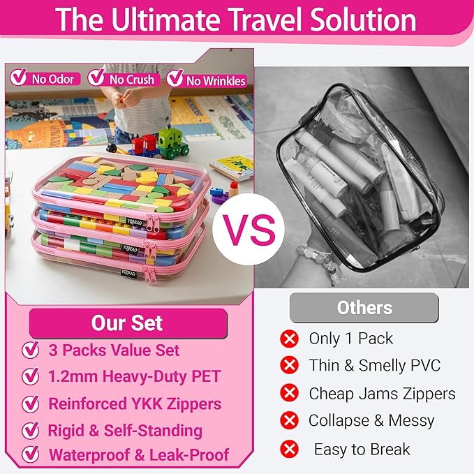 YQBRA 3 Pack Clear Hard Shell Zipper Case, See-Through Hard Plastic Organizer Pouches with Zipper for Travel, Toiletries, Makeup, Electronics & Pencils - Crush-Resistant Storage (L Pink)