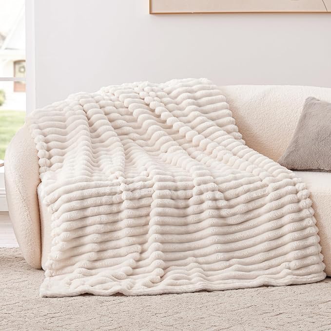 EXQ Home Fleece Blanket Twin Size for Couch or Bed - 3D Stripe Jacquard Decorative Blankets - Cozy Soft Lightweight Fuzzy Flannel Blanket Suitable for All Seasons(60"×80",Beige)