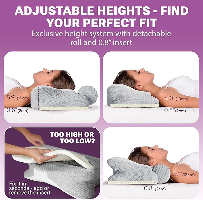 3-in-1 Orthopedic Pillow, Cervical Neck Pillow for Sleeping, Adjustable Height Memory Foam Neck Pillow and Detachable Roll, Contour Pillow for Neck Pain Relief for All Sleeping Positions (White)