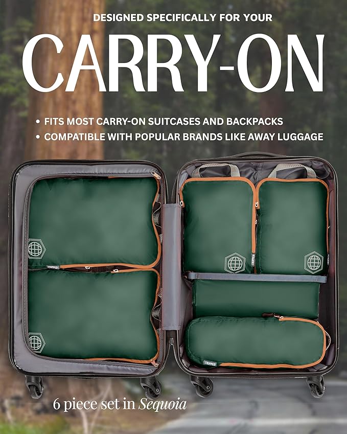 Compression Packing Cubes 6 Piece Set for Carryon Suitcases- Lightweight, Durable Clothes Organizer (Green and Brown)