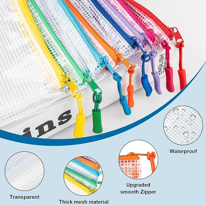 24 Pcs Mesh Zipper Pouch Bags, Plastic Zipper Pouches for Classroom in 8 Sizes, Waterproof Mesh Zipper Bags for Organizing, Clear Zipper Pouches for Organizing, Travel, Office Supplies