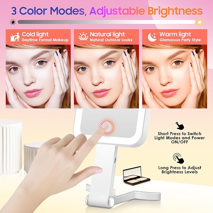 GOMIPURU Magnifying Travel Mirror with Light, 30X/1X Double-Sided Magnifying Mirror with 3 Color Lights, Brightness Adjustable, Foldable Handheld Makeup Mirrors Portable for Travel and Desktop Use