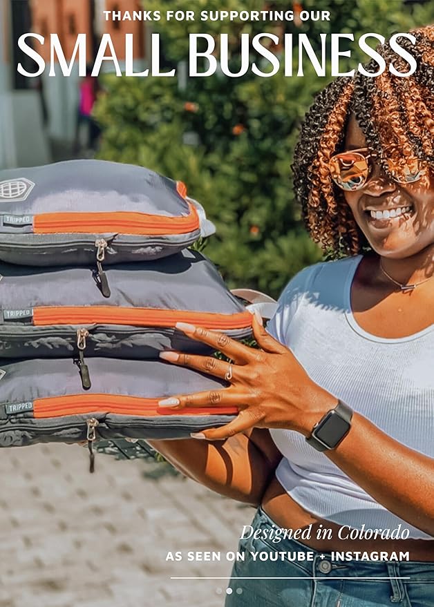 Compression Packing Cubes 3 Piece Set for Carryon Suitcases- Lightweight, Durable Clothes Organizer (Grey and Orange)