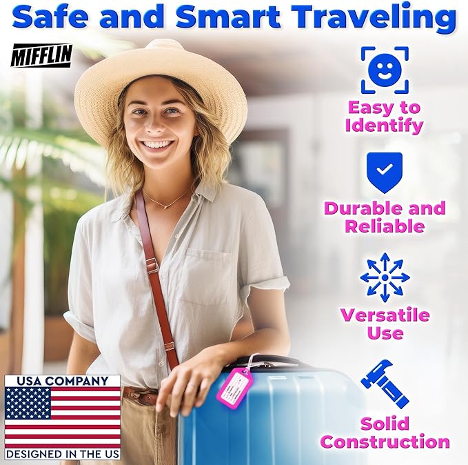 Mifflin-USA - Luggage Tags - Neon, 3 PK - Bag Tag for Baggage - Suitcase Accessory Bulk