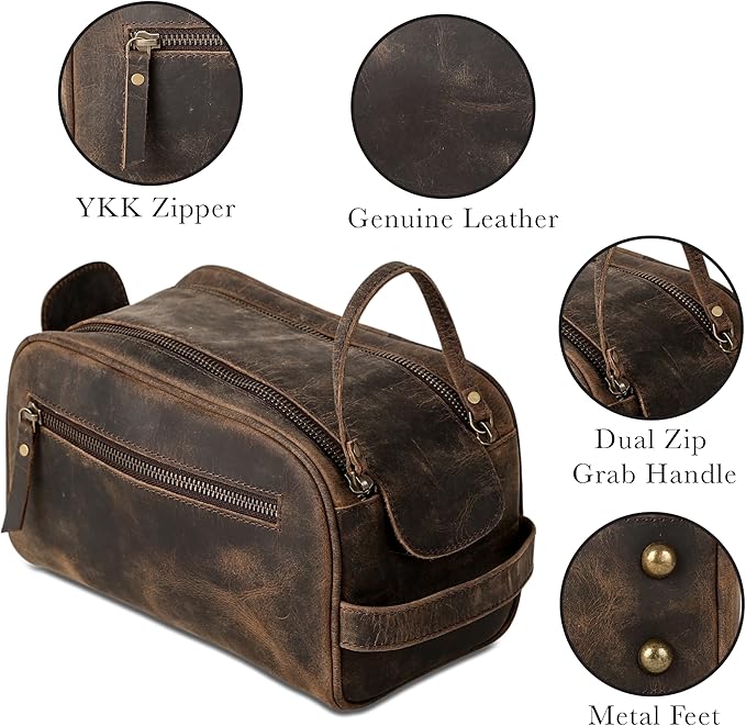 KomalC Travel Toiletry Bag – Premium Leather Dopp Kit for Men & Women with Water-Resistant Lining & Spacious Zippered Organizer