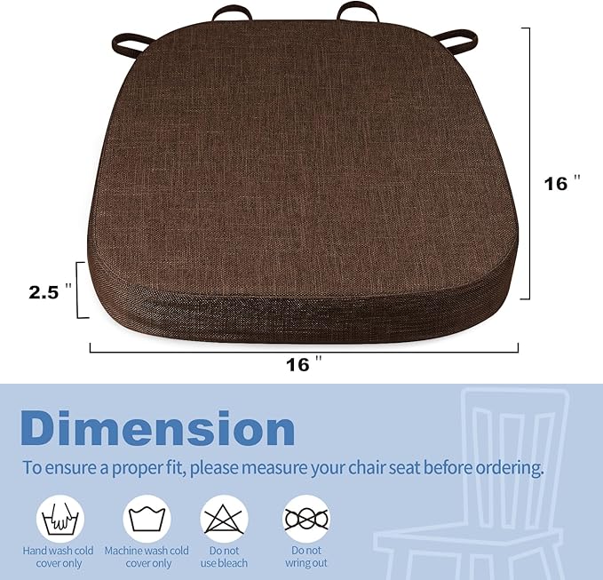 BUYUE Thickened 2.5" Dining Chair Cushions Set of 6, U-Shape High Density Foam Comfortable Chair Pads for Kitchen, Slip Resistant Indoor Seat Cushions (6 PCS, Chocolate)