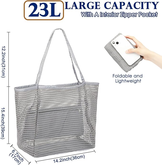 Fammart Mesh Beach Bag, Large Beach Tote with Zipper Pocket, Toys Pool Bag for Family Travel Vacation Cruise Essentials