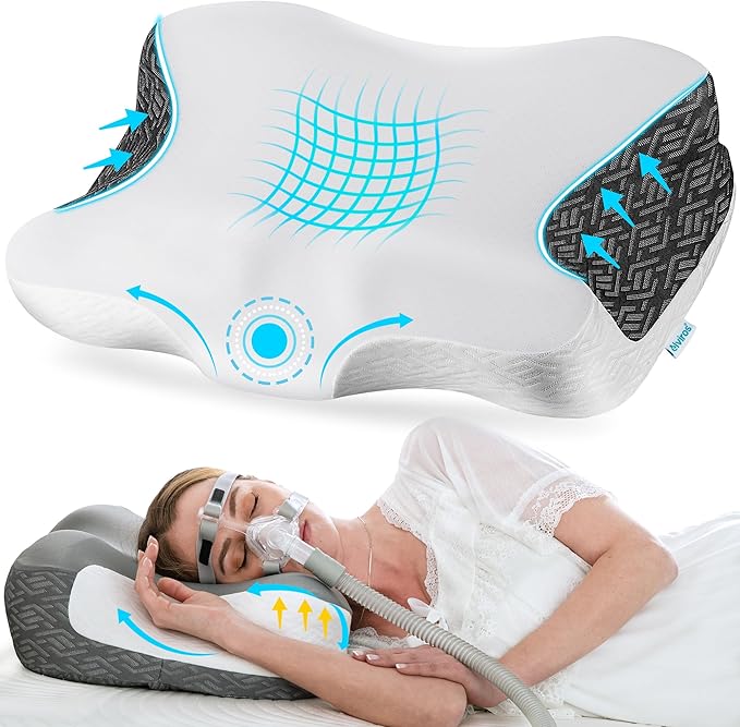 Elviros Cervical Neck Pillow for Neck Pain Relief, CPAP Pillow for Side, Back & Stomach Sleepers, Ergonomic Orthopedic Pillow for CPAP Users to Reduce Air Leaks and Mask Pressure, White