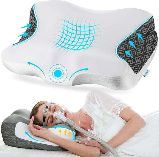 Elviros Cervical Neck Pillow for Neck Pain Relief, CPAP Pillow for Side, Back & Stomach Sleepers, Ergonomic Orthopedic Pillow for CPAP Users to Reduce Air Leaks and Mask Pressure, White